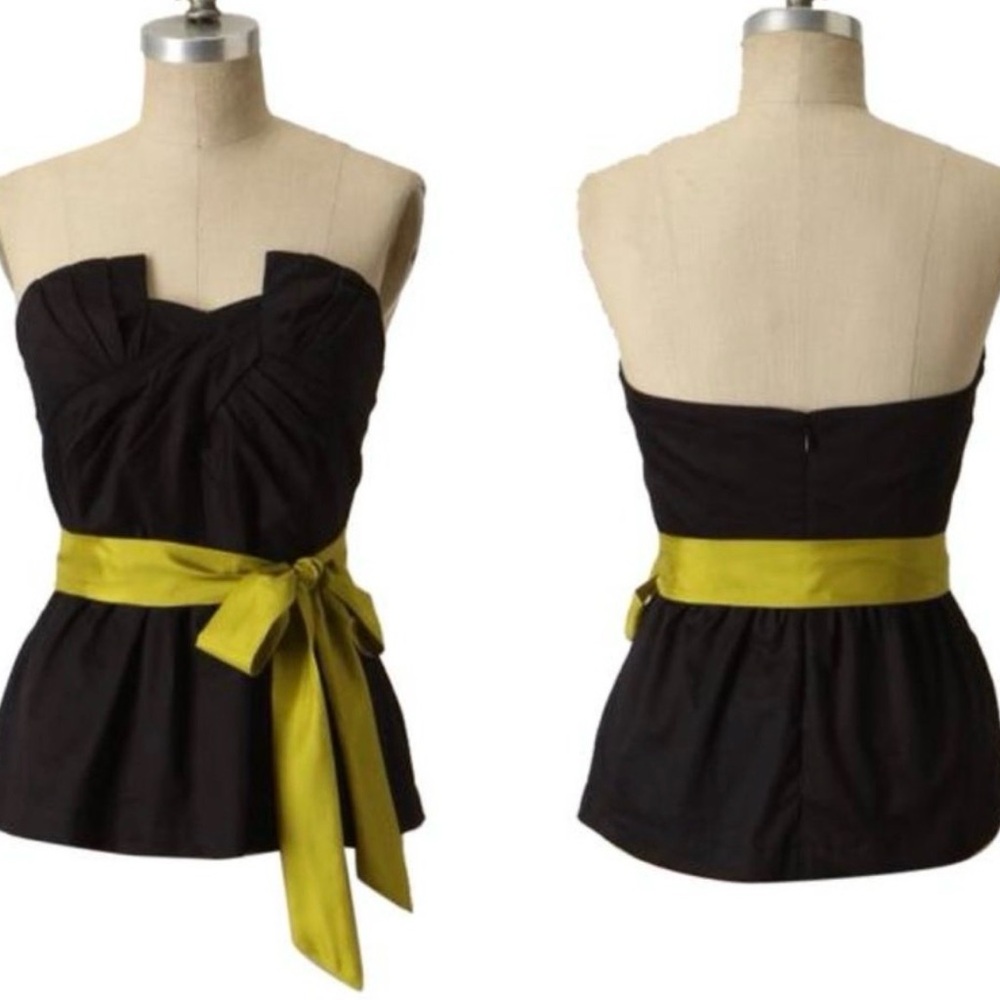 Anthropologie Odille Strapless Peplum Top Black Chartreuse Sash Size 6 Orig $128